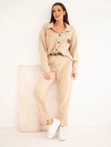 Women's set made of viscose corduroy with a jacket and trousers with a belt beige