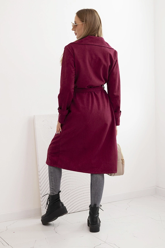 Women's suede coat tied at the waist with a collar and buttons burgundy
