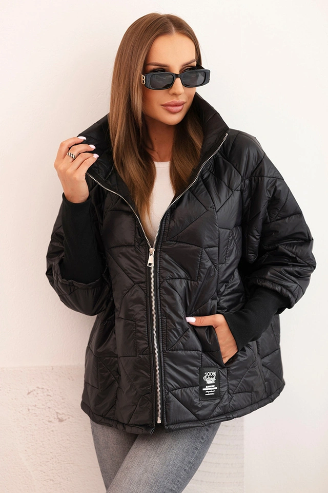 Women's quilted jacket with a short cut and a stand-up collar black