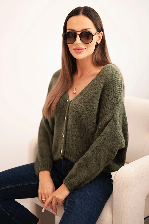 Women's sweater with a V-neck and buttons khaki