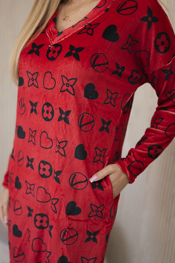 Velvet dress with a decorative pattern red