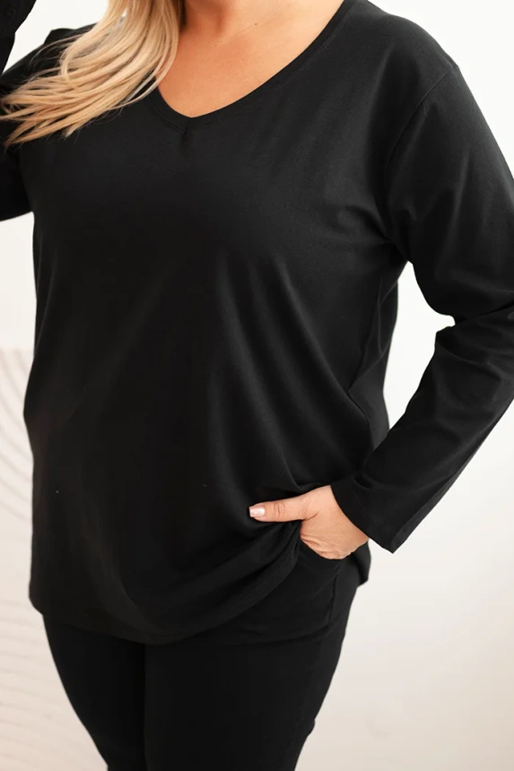 Dámská blůza Plus Size s výstřihem do V a dlouhým rukávem černá