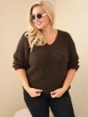 Dámsky sveter Plus Size s výstrihom do V a širokým rukávom hnedý