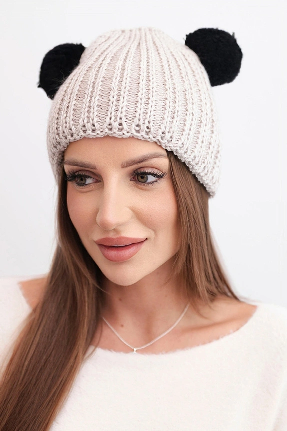 Damenwintermütze aus Wolle mit Pompon K433 beige