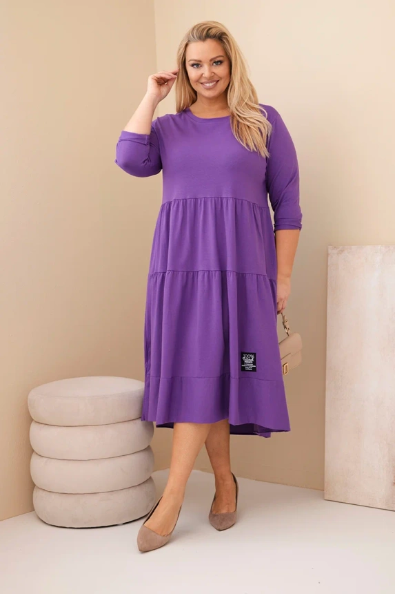 Damen Kleid aus Baumwolle Plus Size mit Rüschen und umgeschlagenem Ärmel lila