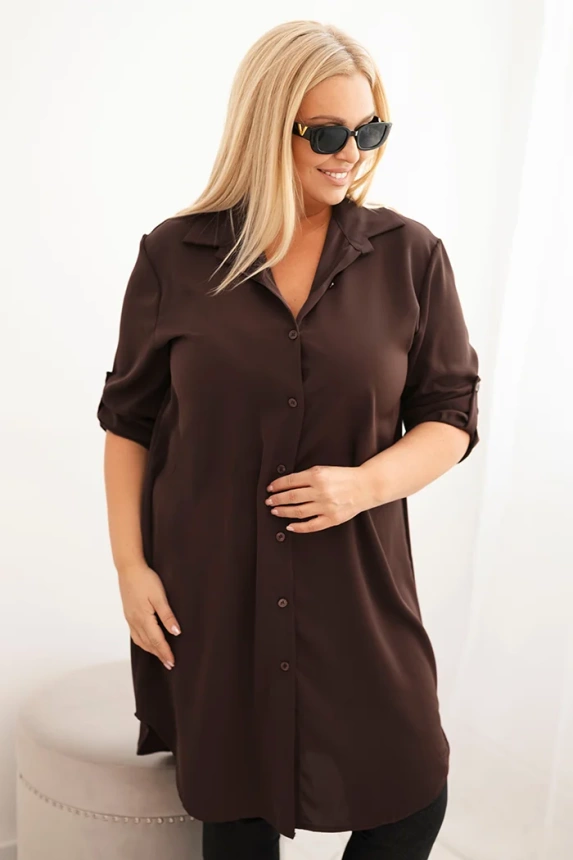 Damenblusenkleid Plus Size mit längerem Rücken und hochgekrempeltem Ärmel braun