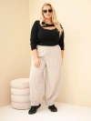 Women's Plus Size cotton corduroy pants with elastic waistband and pockets beige