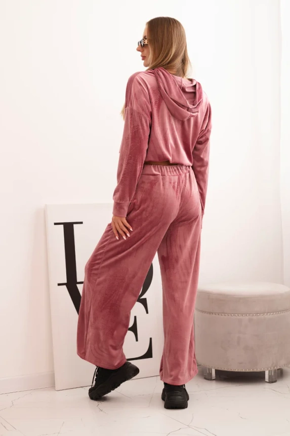 Women's velour tracksuit with wide legs and hoodie dark pink
