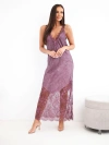 Damen Viskose Maxikleid mit Spitze und V-Ausschnitt pflaume