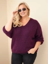 Dámský svetr Plus Size s výstřihem do V a širokým rukávem fialová tmavá
