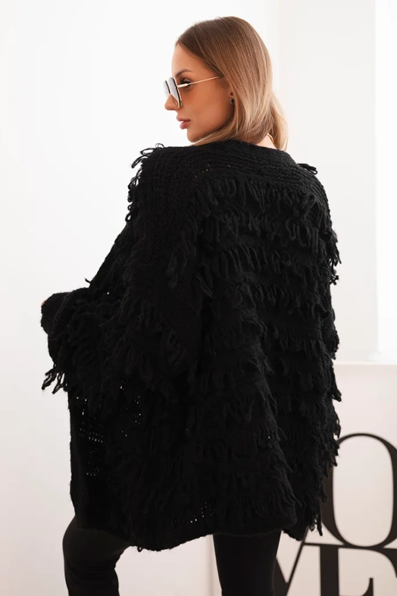 Women's cardigan with fringes and a loose fit black
