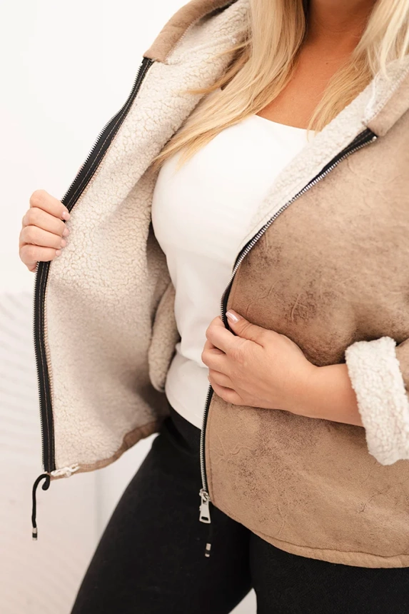 Kurtka damska Plus Size z kapturem i barankiem camelowa