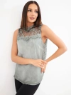Damenbluse aus Viskose-Satin mit Spitze und Stehkragen khaki