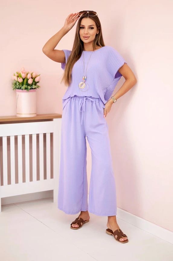 Viscose set pleated blouse + trousers light purple
