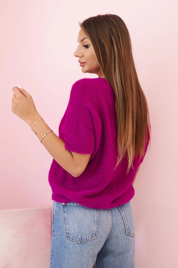 Women's sweater made of soft fluff with a V-neck and short sleeves dark purple