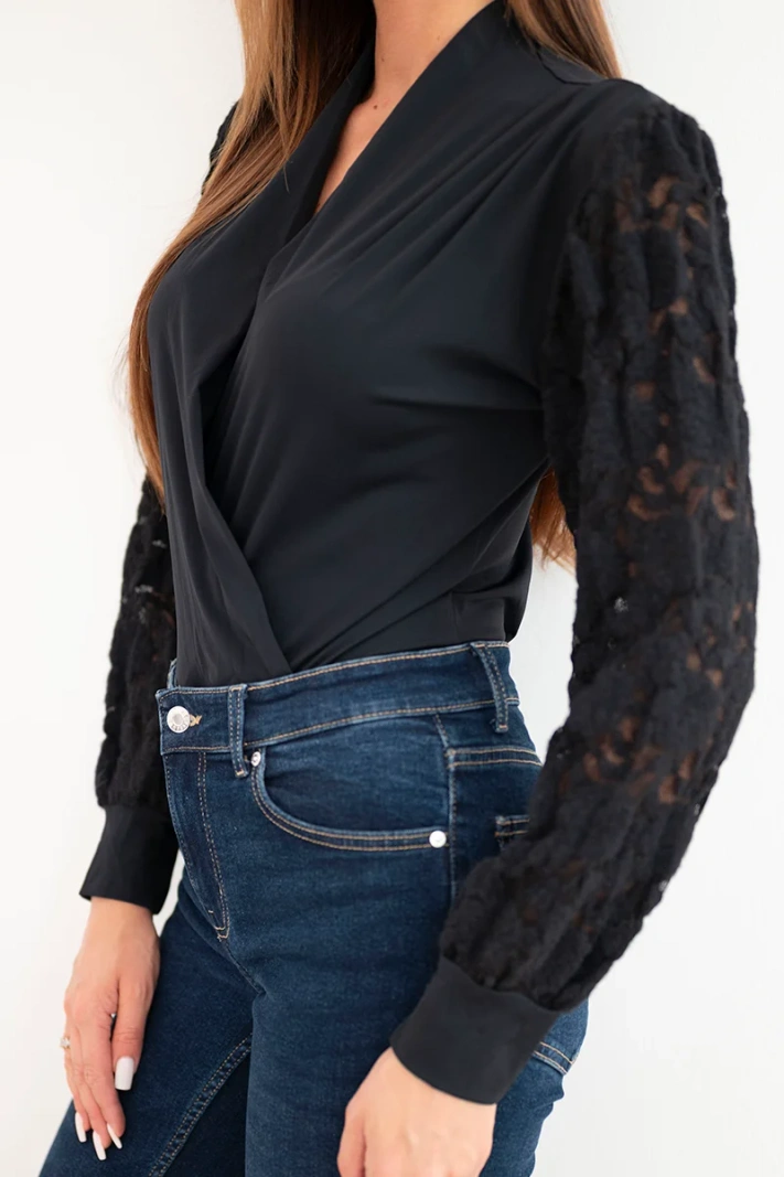 Women's wrap bodysuit blouse with lace sleeves black