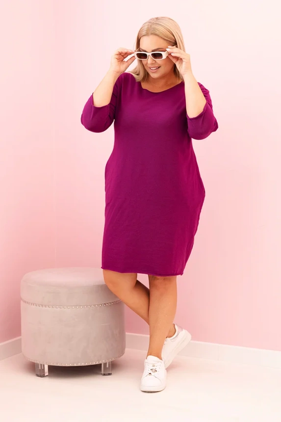 Sukienka damska Plus Size z bawełną o prostym kroju i rękawem 3/4 śliwkowa