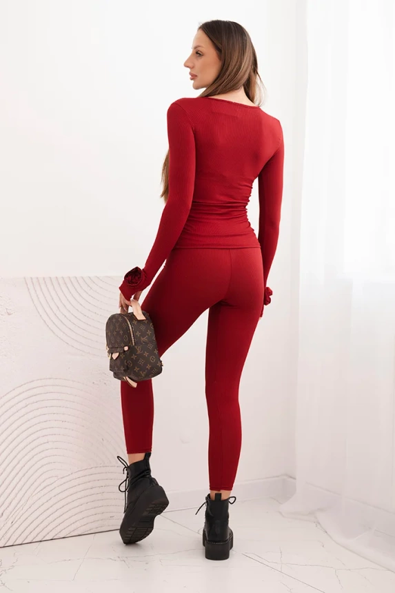 Damen-Set aus geripptem Viskose mit langen Ärmeln und Leggings bordeaux