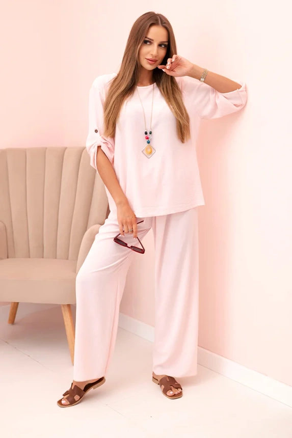 Women's set with a blouse with a necklace and wide pants powder pink