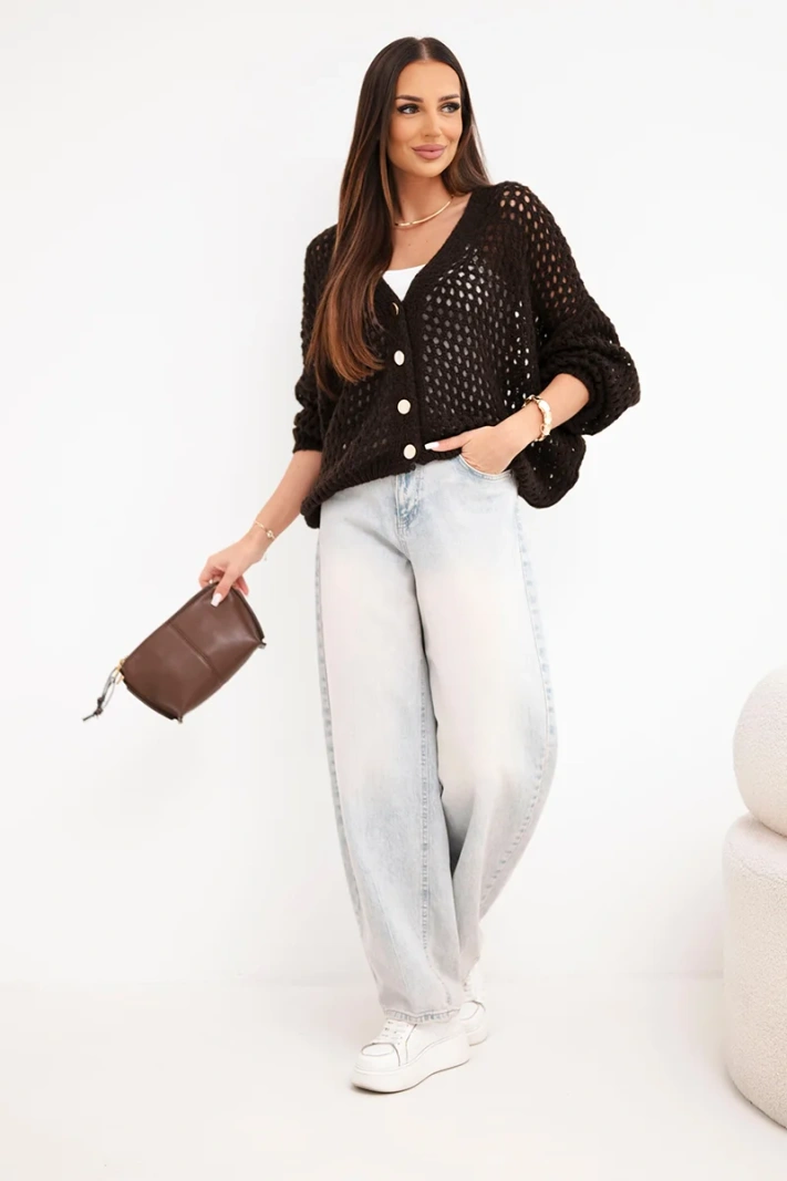 Damen Strickjacke oversize mit Knöpfen aus Lochmuster braun