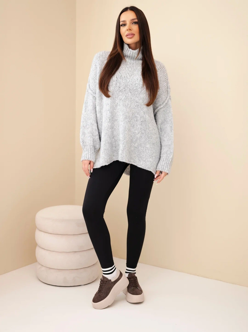 Damen Oversize Pullover mit Wolle, Rollkragen und weiten Ärmeln grau