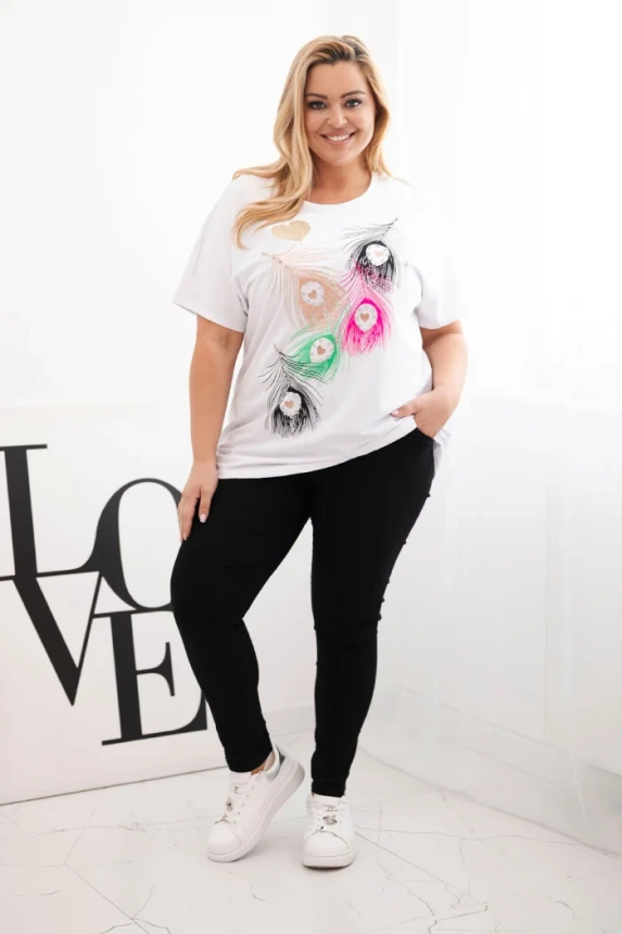 Dámska bavlnená blúzka Plus Size s motívom pierok biela + ružová