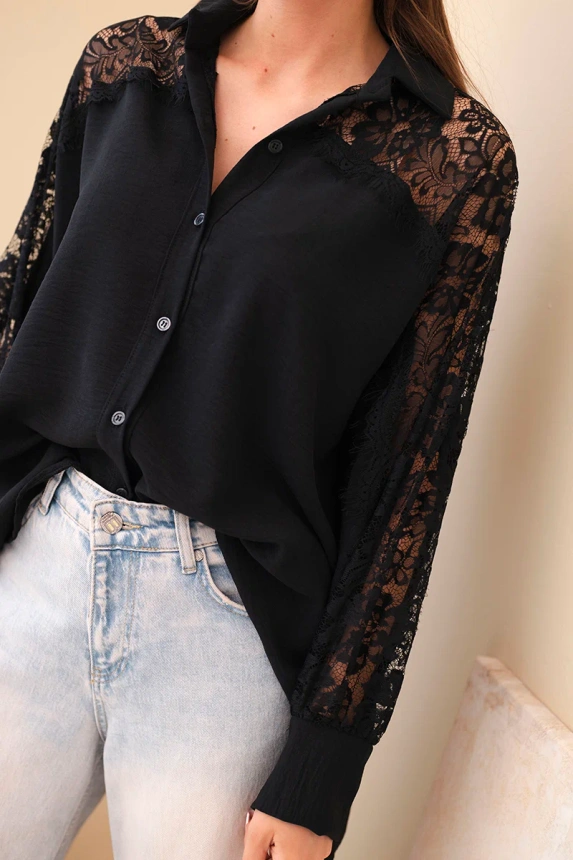 Women's viscose shirt with lace sleeves and collar black