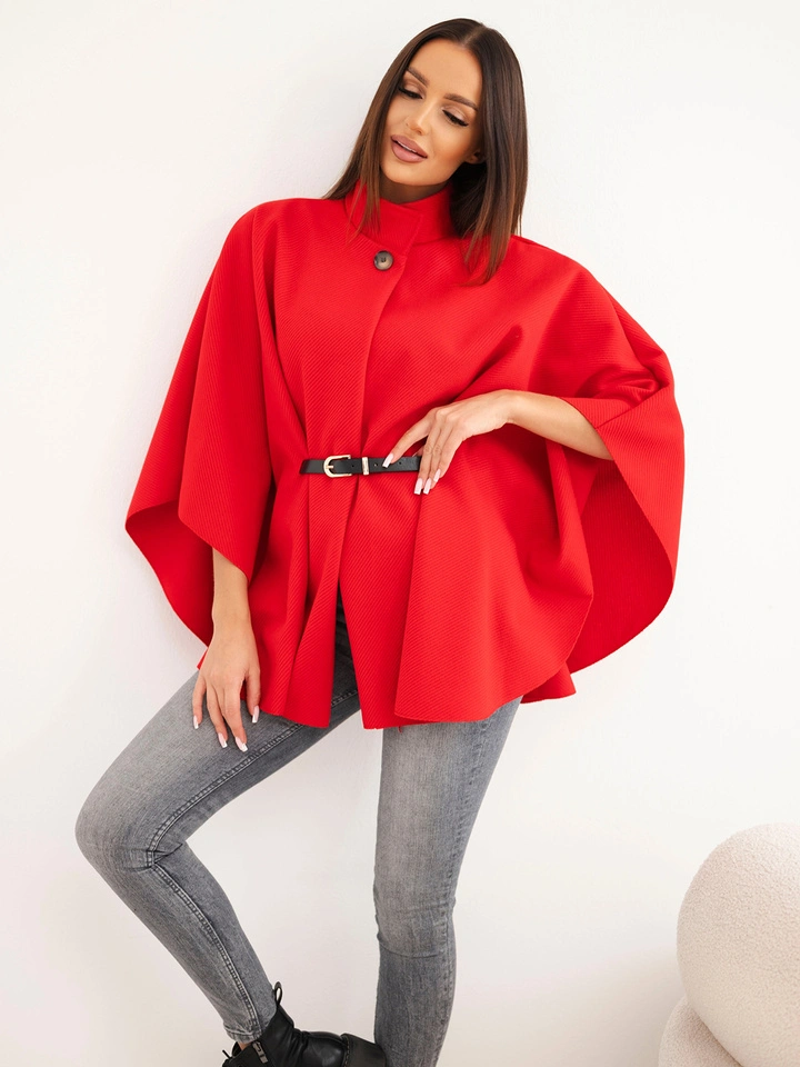Women's poncho jacket with belt and high collar red