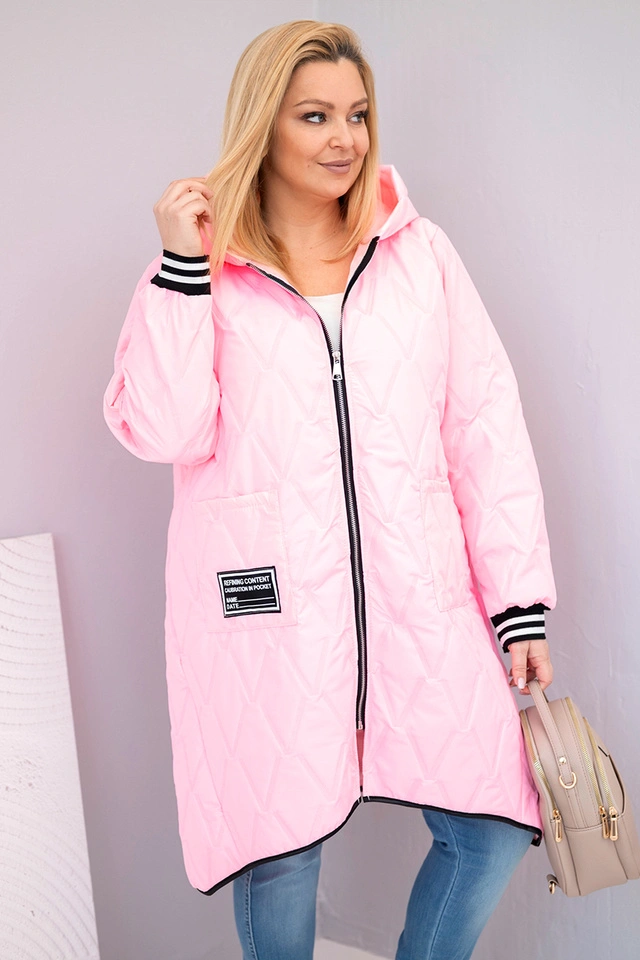 Plus Size women's quilted jacket with a hood and sporty cuffs candy pink