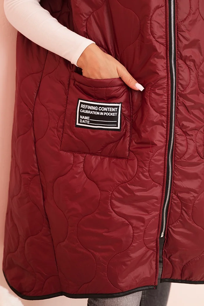 Plus Size women's quilted vest with a hood fastened with a zipper burgundy