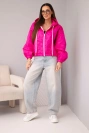 Women's quilted jacket with a hood and decorative floral embossing fuchsia