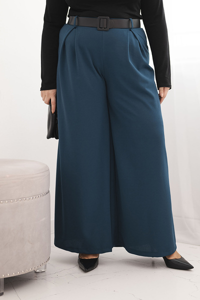 Spodnie damskie Plus Size z szeroką nogawką i paskiem morskie