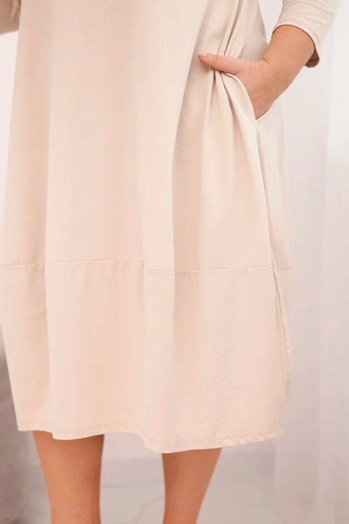 Damen Baumwollkleid Plus Size mit umschlagbaren Ärmeln und Taschen beige
