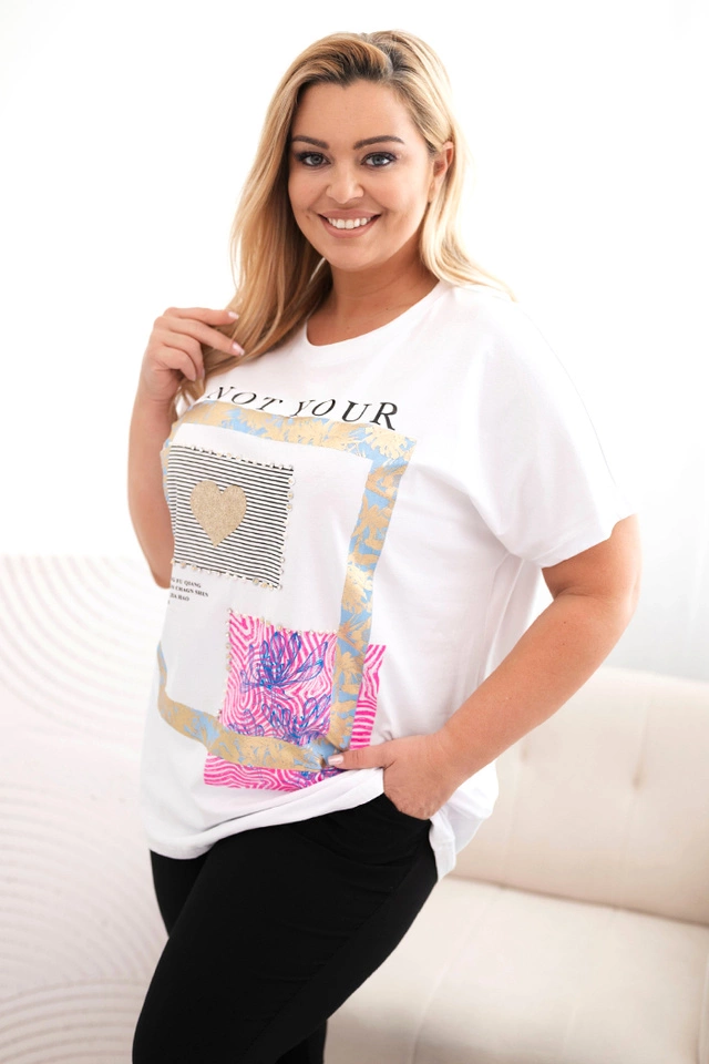 Bluzka damska bawełniana Plus Size ze złotym napisem biały + niebieski