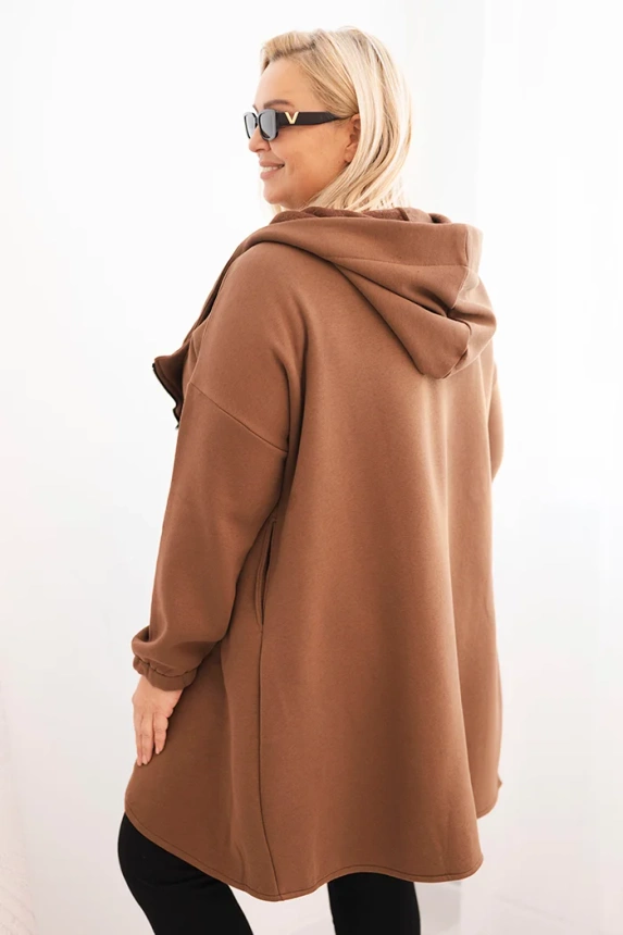 Plus Size women's hoodie with a hood and asymmetrical zipper brown