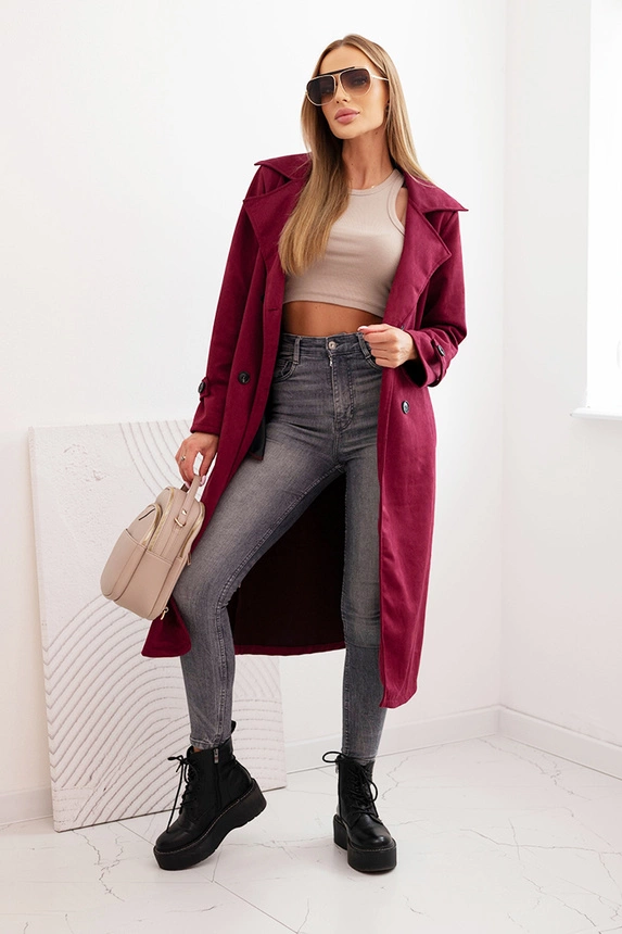 Women's suede coat tied at the waist with a collar and buttons burgundy