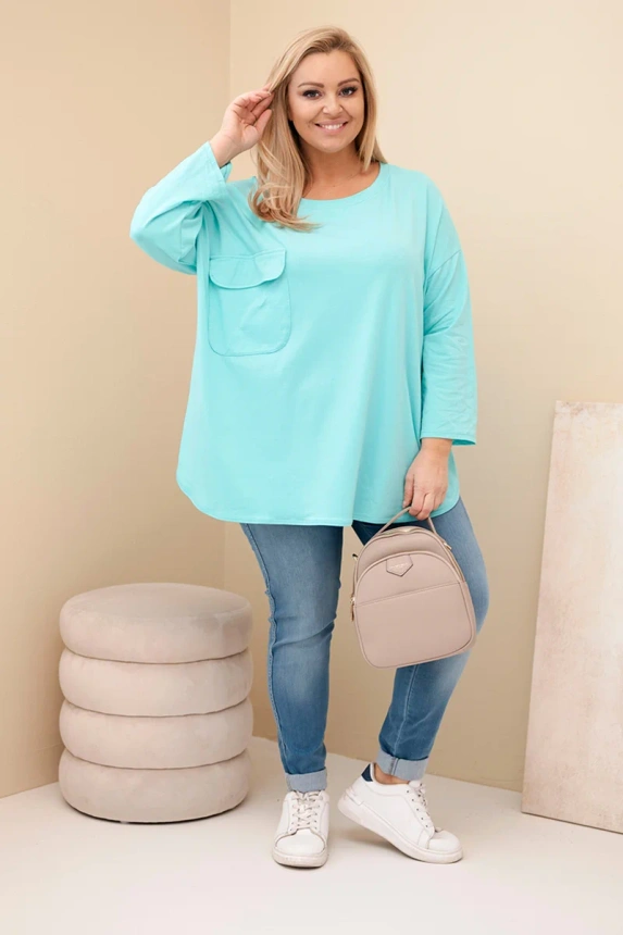 Moteriška Plus Size marškinėliai su medvilne, kišenė ir surišamomis rankovėmis mėtų spalvos