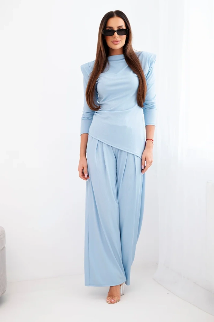 Damen Baumwollset mit Bluse und Hose mit weitem Bein blau
