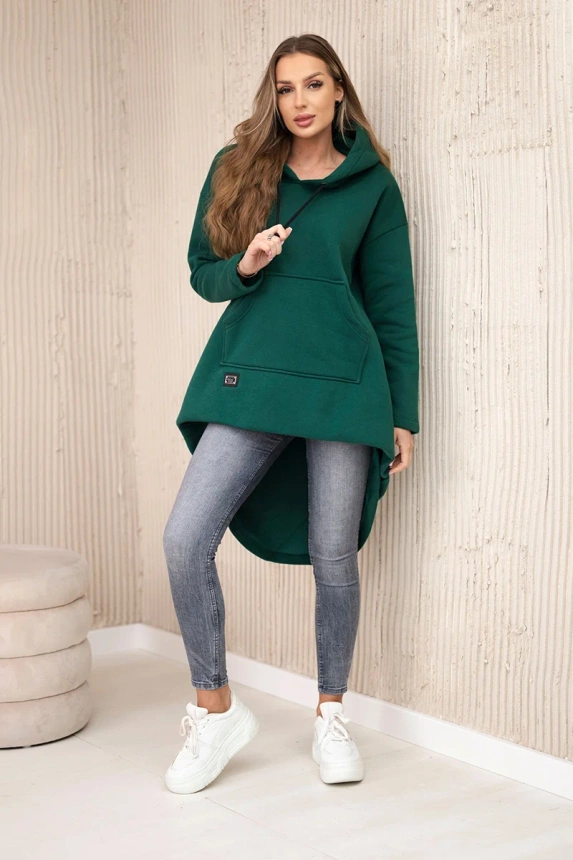 Padded sweatshirt with long back and hood dark green