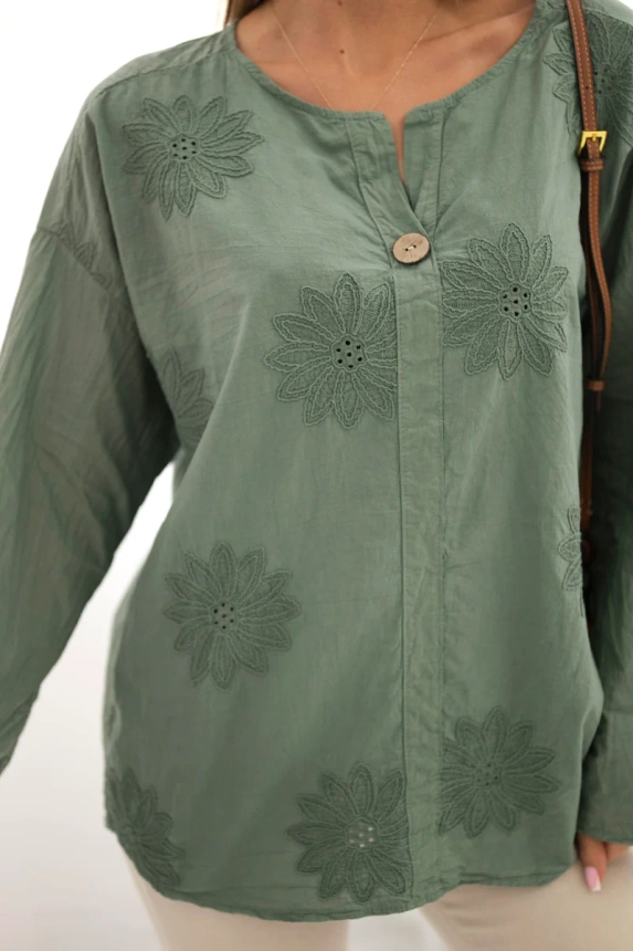 Shirt blouse with an embroidered pattern khaki