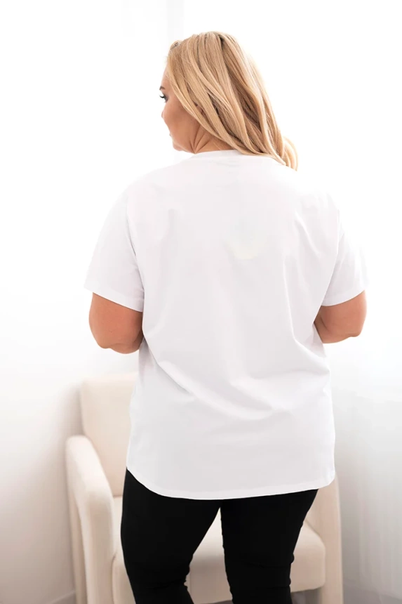 Medvilninė moteriška palaidinė Plus Size su spauda ir blizgučiais balta + žalia