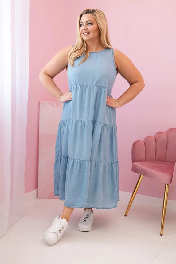 Plus Size women's dress made of lyocell, flared with ruffles light denim