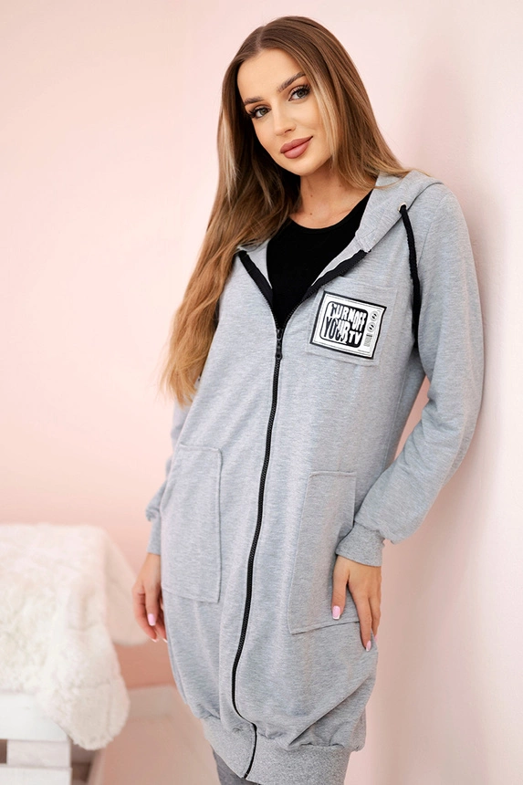Längeres Damen-Sweatshirt mit Kapuze und Reißverschluss grau