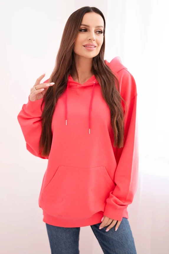 Women's cotton looped sweatshirt with a hood and kangaroo pocket pink