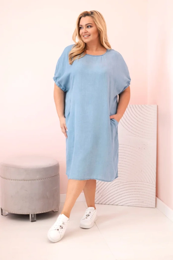 Plus Size women's dress made of lyocell with ruching and pockets light denim