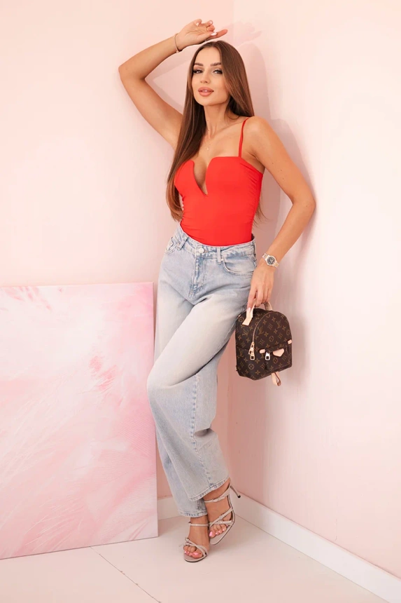 Women's strapless bodysuit blouse with ruffles and V-neckline red