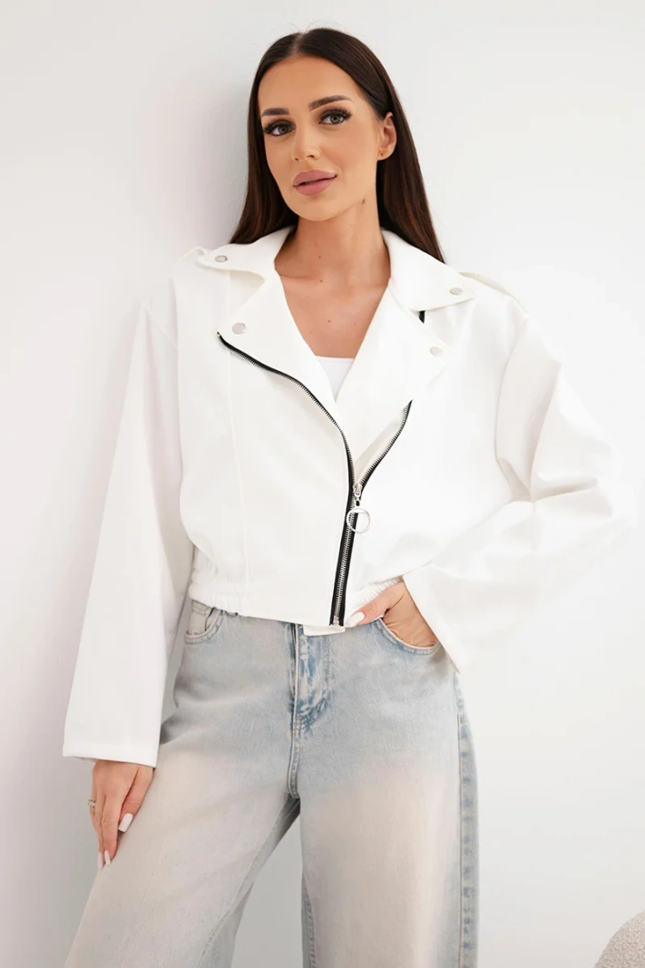 Women's suede viscose jacket with an asymmetrical zipper ecru