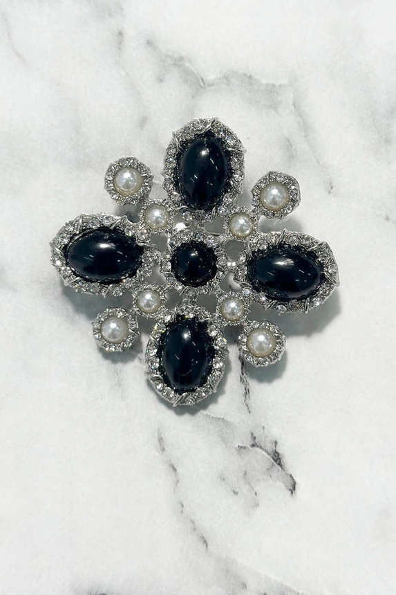 Brosche Blume 2 silber + schwarz