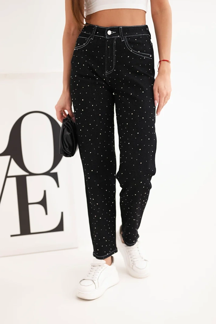 Damenjeanshose mit hohem Bund und Verzierungen schwarz