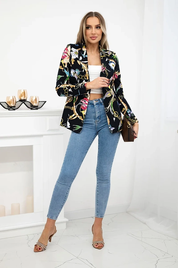 Printed cotton jacket with a button black+camel